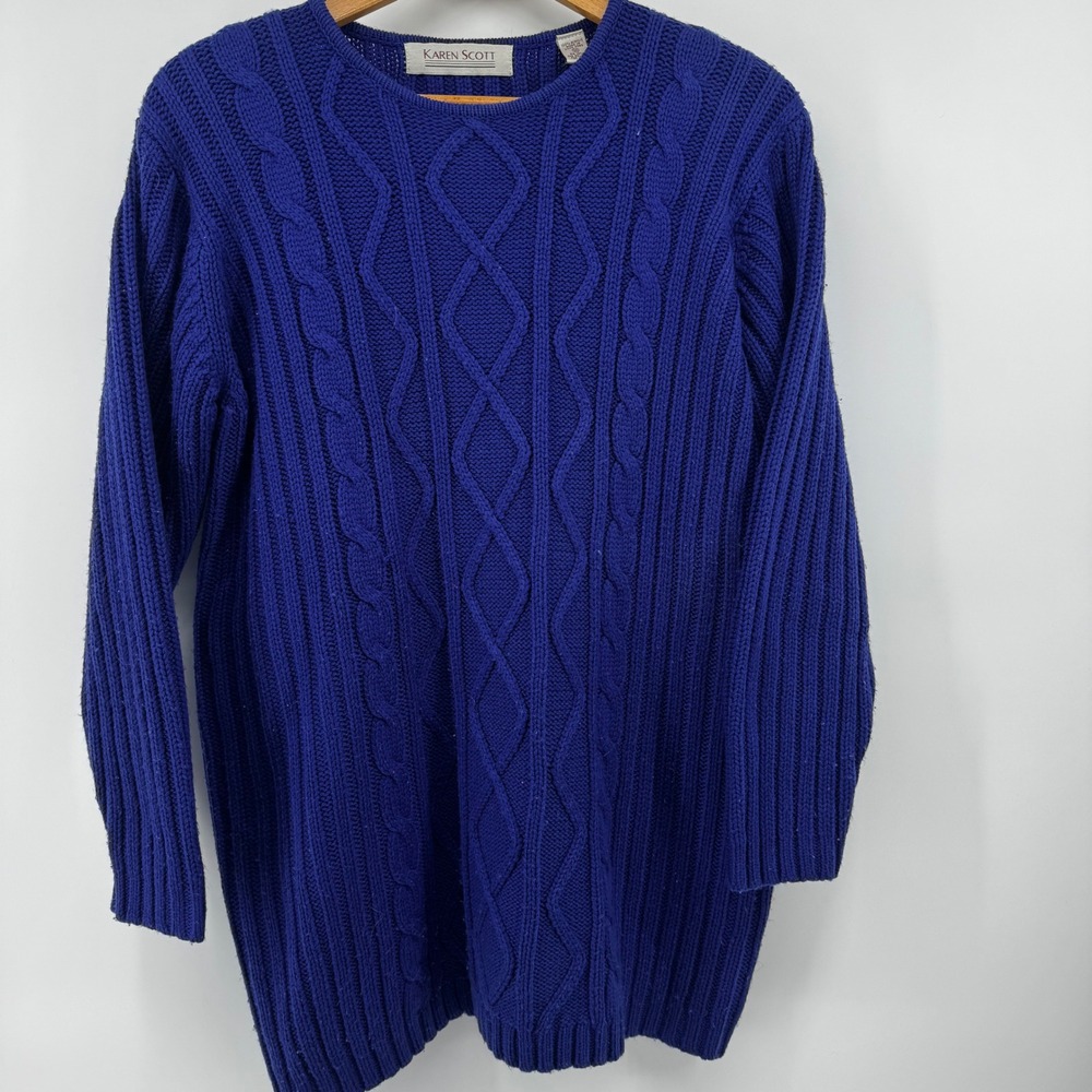 Vintage Karen Scott Womens Cobalt Blue Cable Knit Sweater Crew Neck Medium Comfy